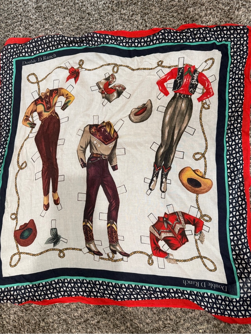 Double D Ranch Multicolor Western Paper Doll Bandana Scarf with Red Trim